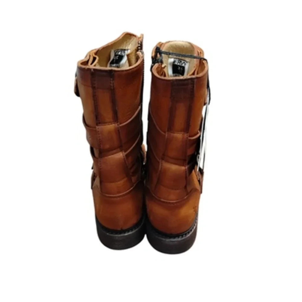 Frye Veronica Tanker Boots Women's 7M Cognac Moto‎ Combat Leather Strappy Belted - Picture 3 of 12